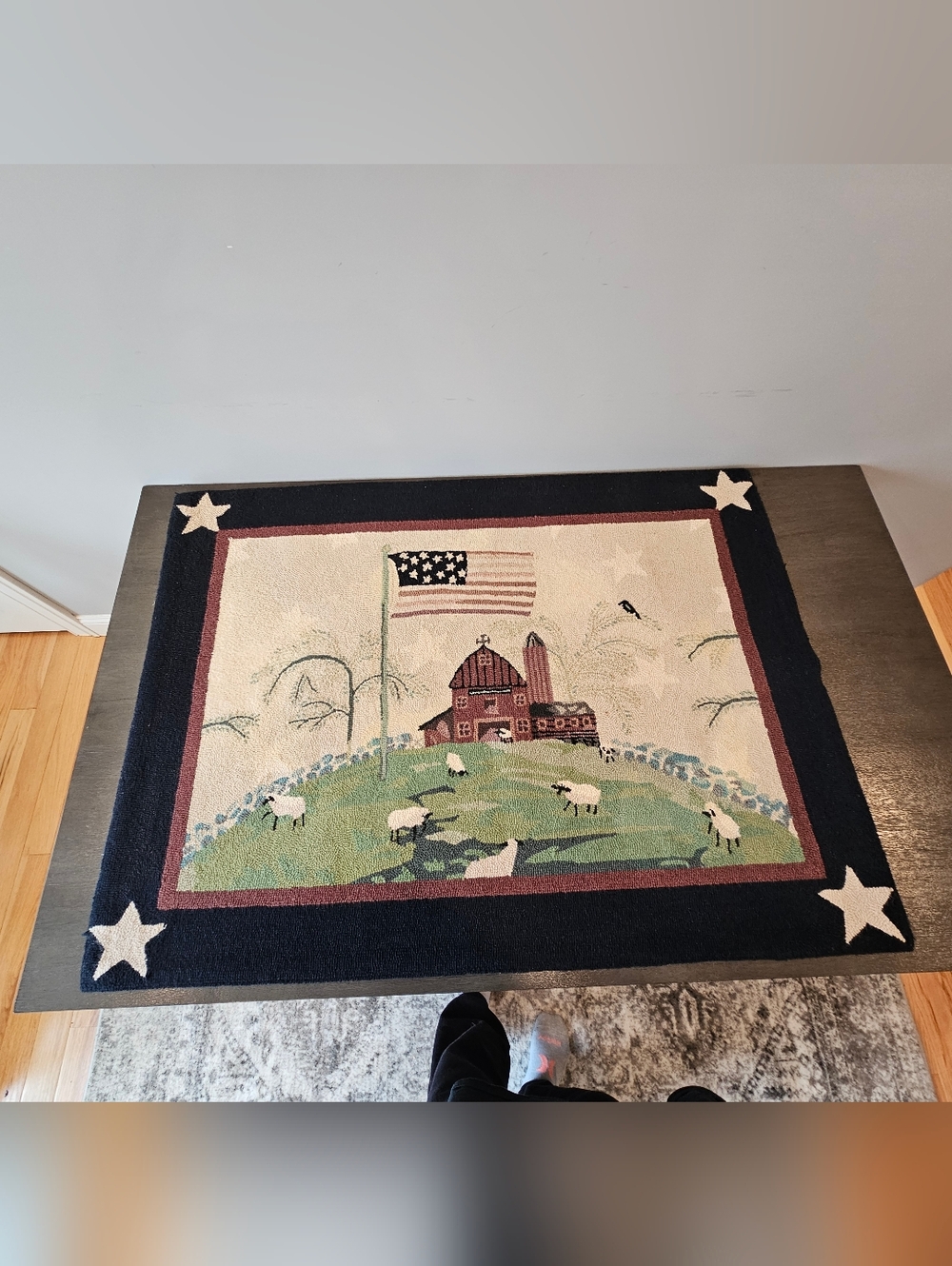 Patriotic Farmhouse Wool Hooked Rug - Red, Navy, Cream, Green